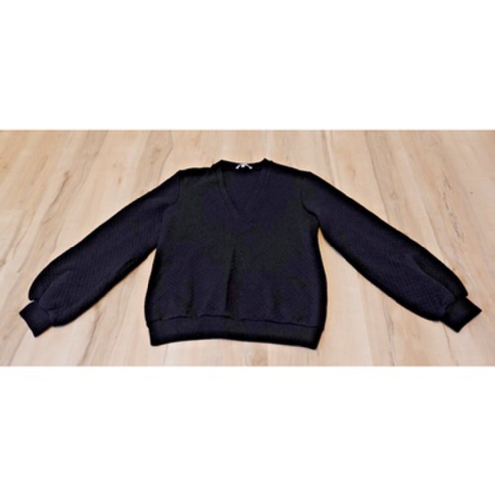 Pearl by Lela Rose Black Quilted V-Neck Balloon Sleeve Pullover Sweatshirt M‎